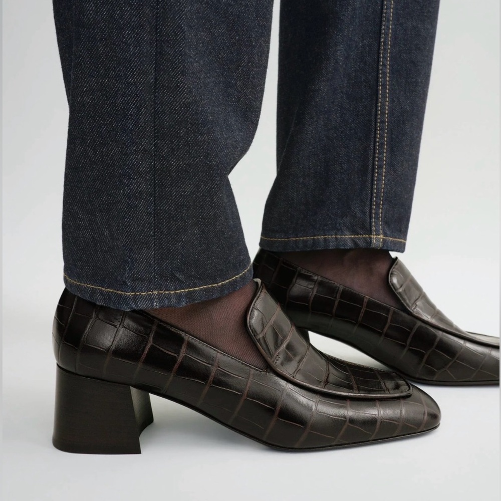 Toteme Block Heel Leather Loafers, 40, Brown